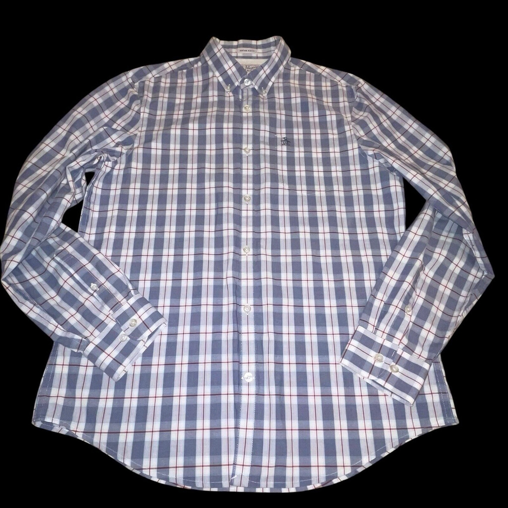 Original Penguin Mens Heritage Slim Gray Plaid Button Down Long Slv Lg READ